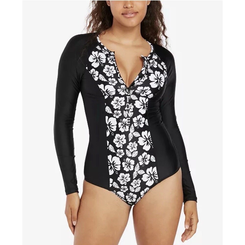 Volcom Medium Coco Hibiscus One Piece Zip Rash Guard Swim Suit Floral Cheeky
